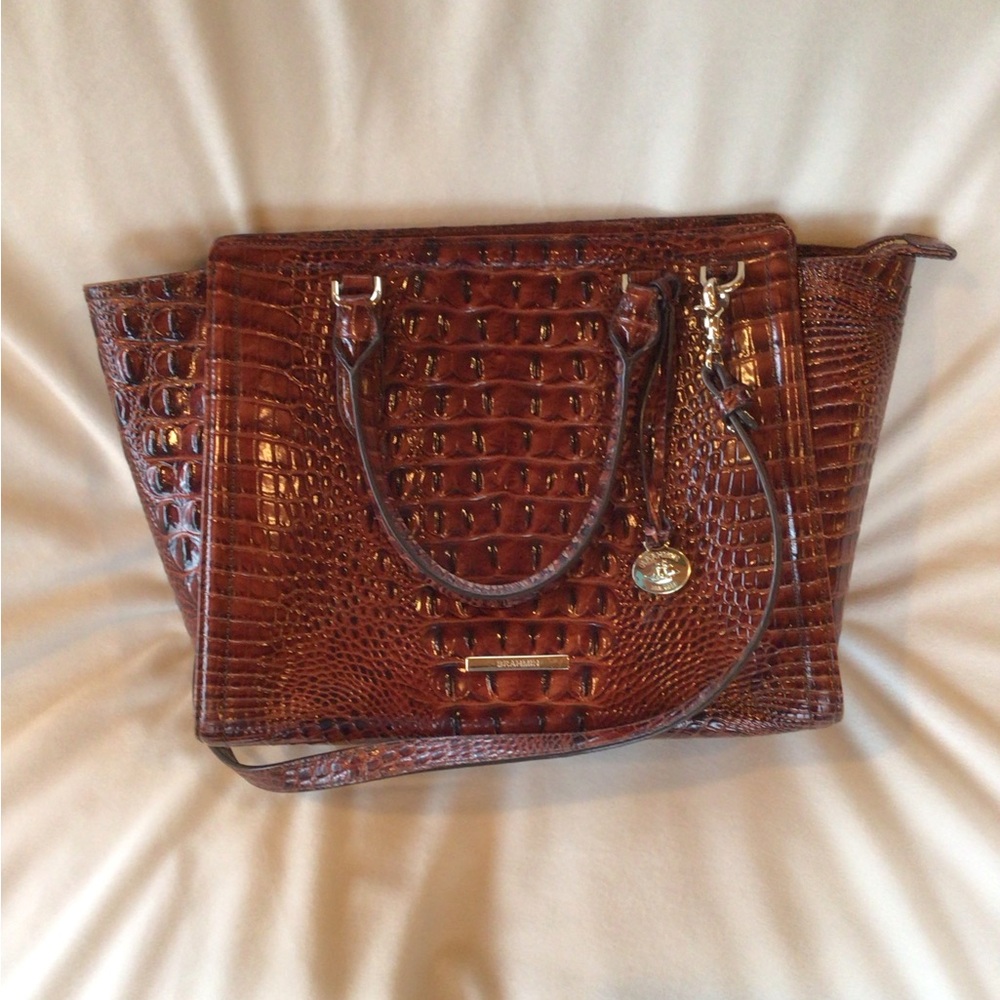 Brahmin Pecan Croc-Embossed Brown Satchel with Gold Hardware